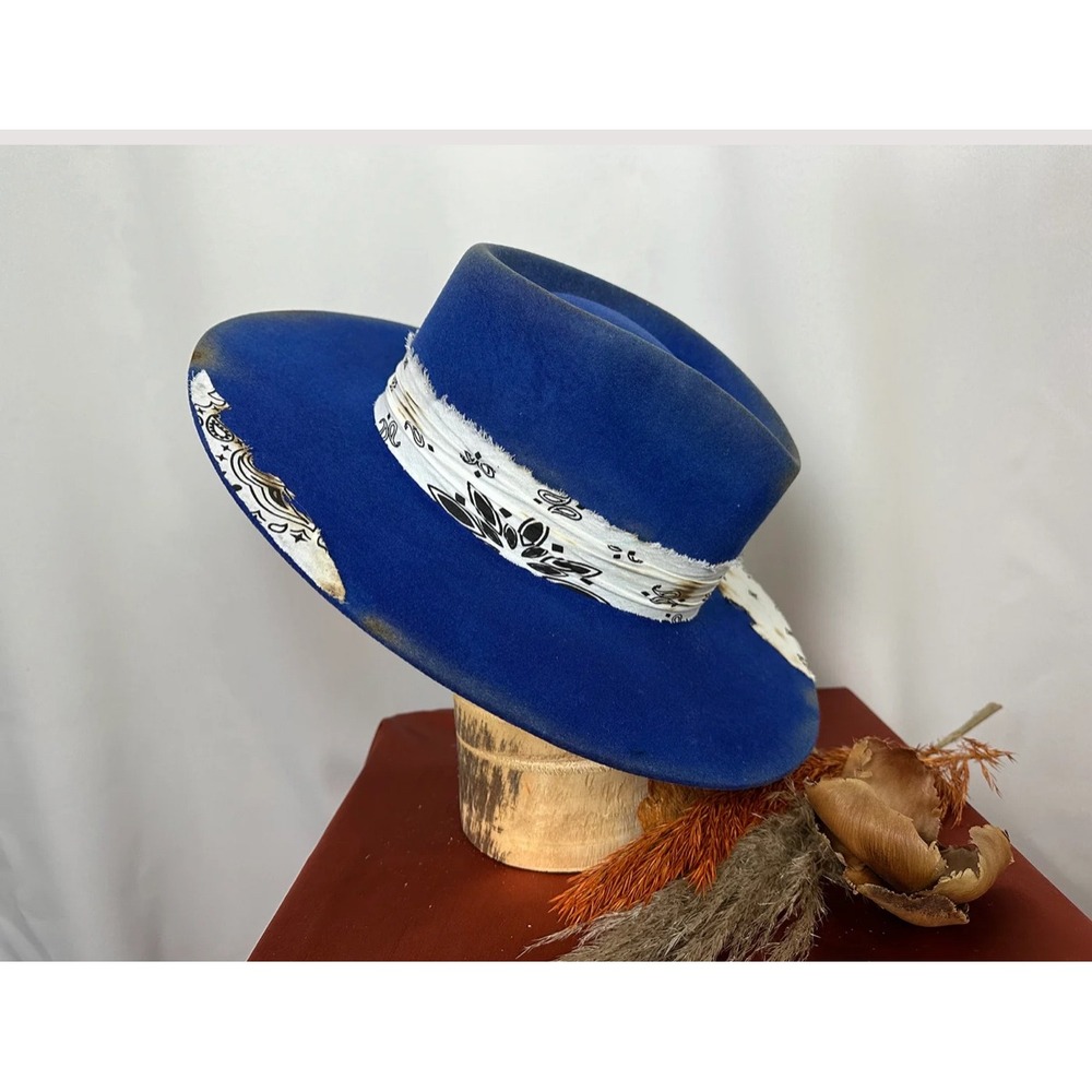 Rev Ran Hats Royal Blue Western Hat Bandana Feather Accent Size 7 View 3